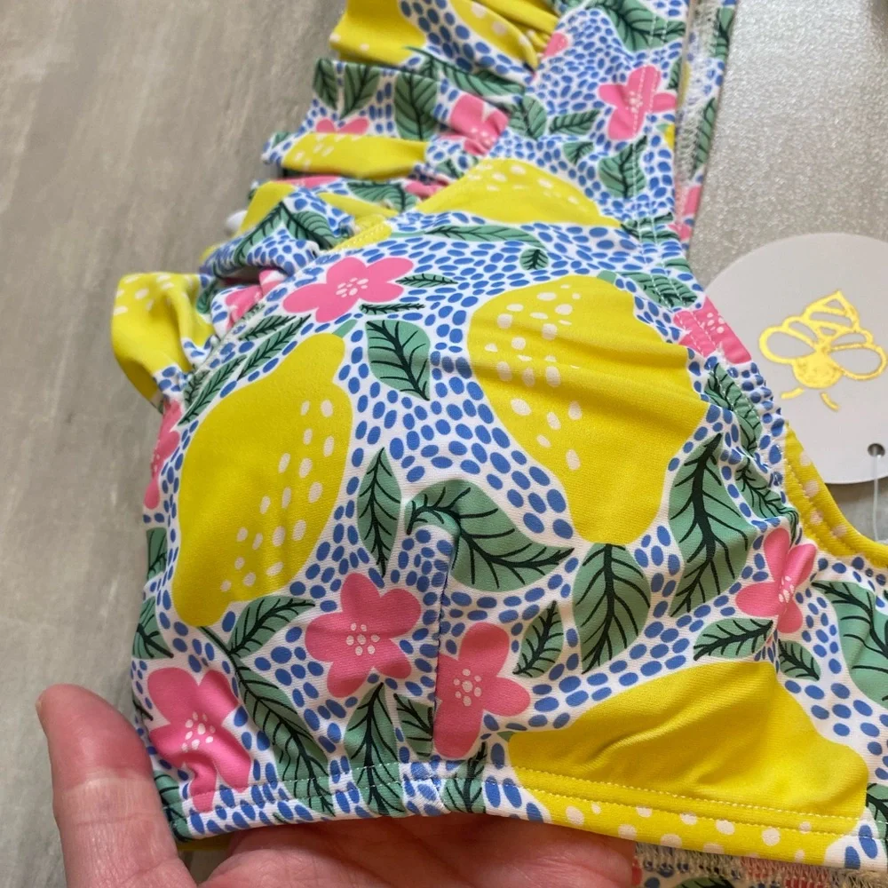 NWT Sugar Bee Colorful Lemon Floral Print Flutter 2-Piece Bikini, women’s S